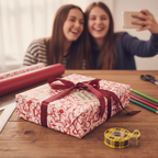 Two joyful girls take a selfie with a holiday gift wrapped in red heart-patterned paper and a burgundy ribbon on a wooden table.