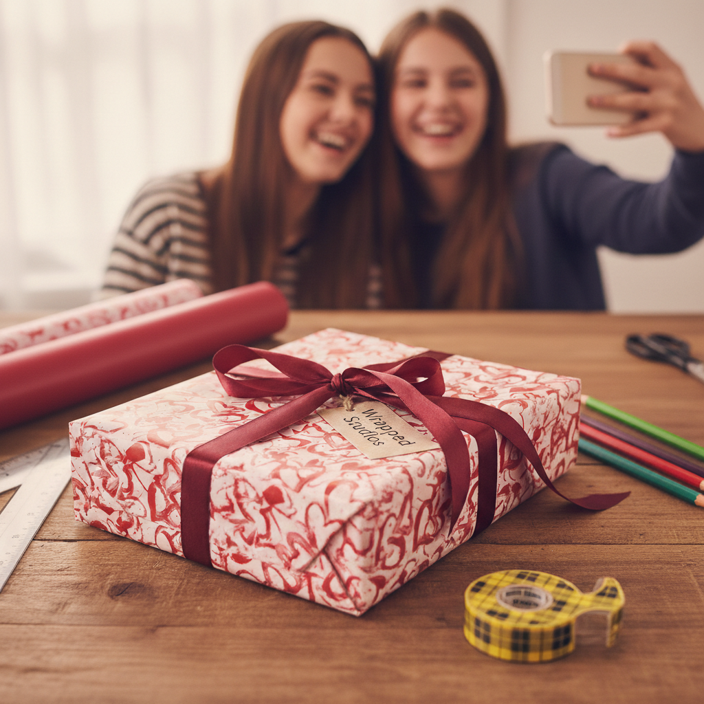 Two joyful girls take a selfie with a holiday gift wrapped in red heart-patterned paper and a burgundy ribbon on a wooden table.
