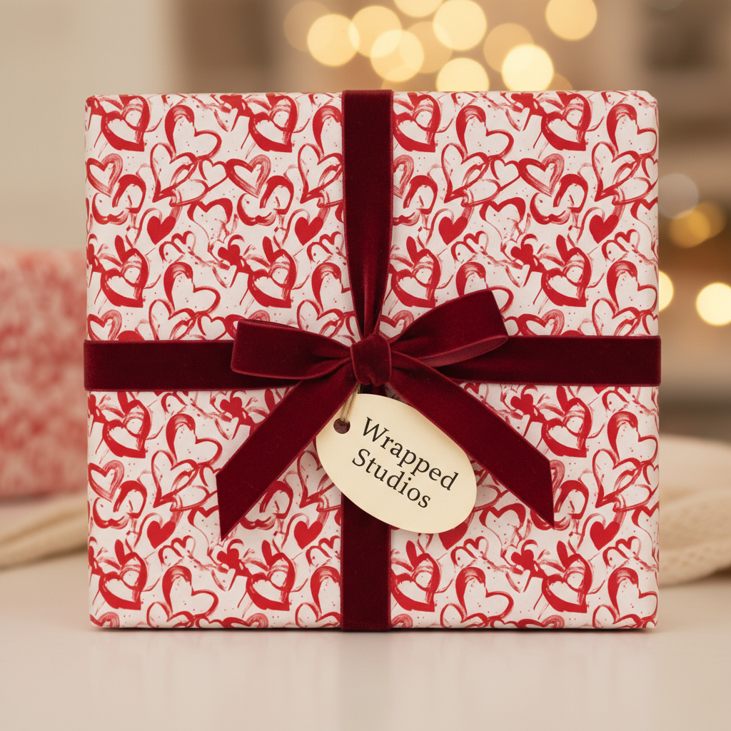 Red and white heart pattern wrapping paper with a burgundy velvet ribbon and bow, perfect for a romantic gift or Valentine's Day.