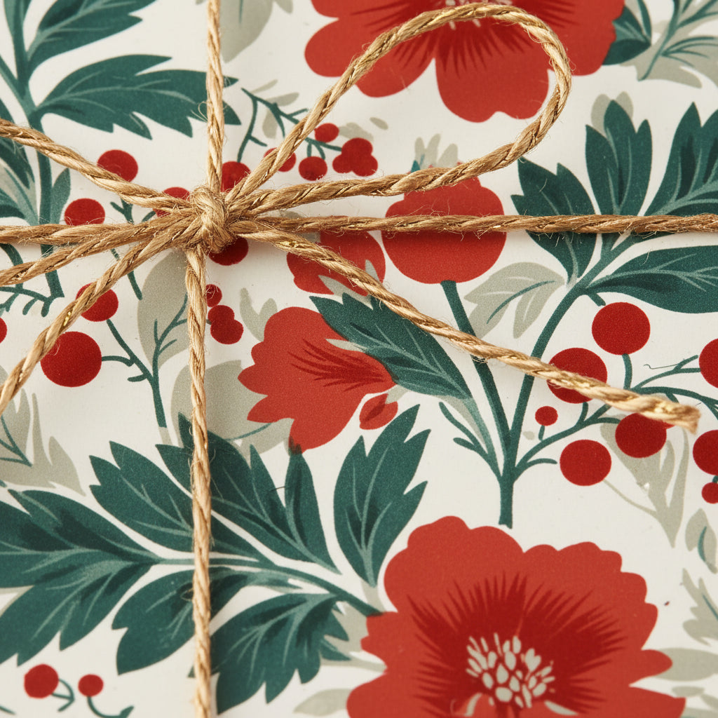 Close-up of floral wrapping paper with red blooms and a rustic twine bow, ideal for holiday or birthday gift wrap.