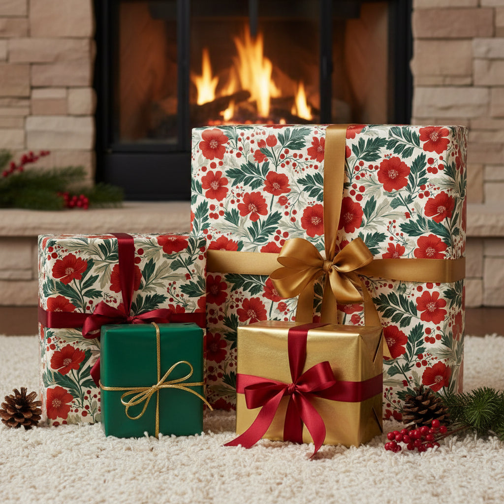 Festive Christmas gifts wrapped in floral wrapping paper with red, gold, and green ribbons by a cozy fireplace.