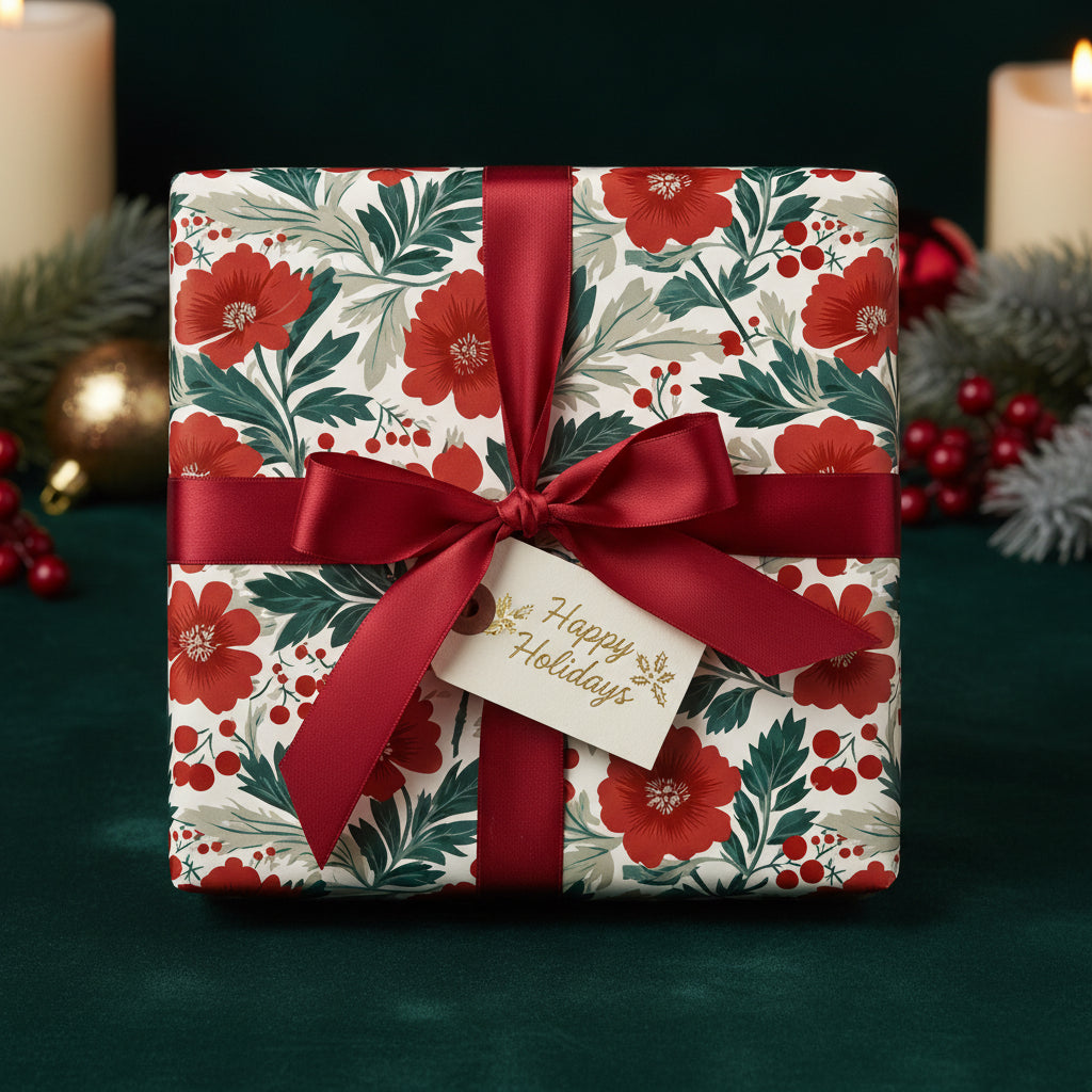 Elegant Christmas gift wrapped in floral paper with red ribbon and "Happy Holidays" tag.