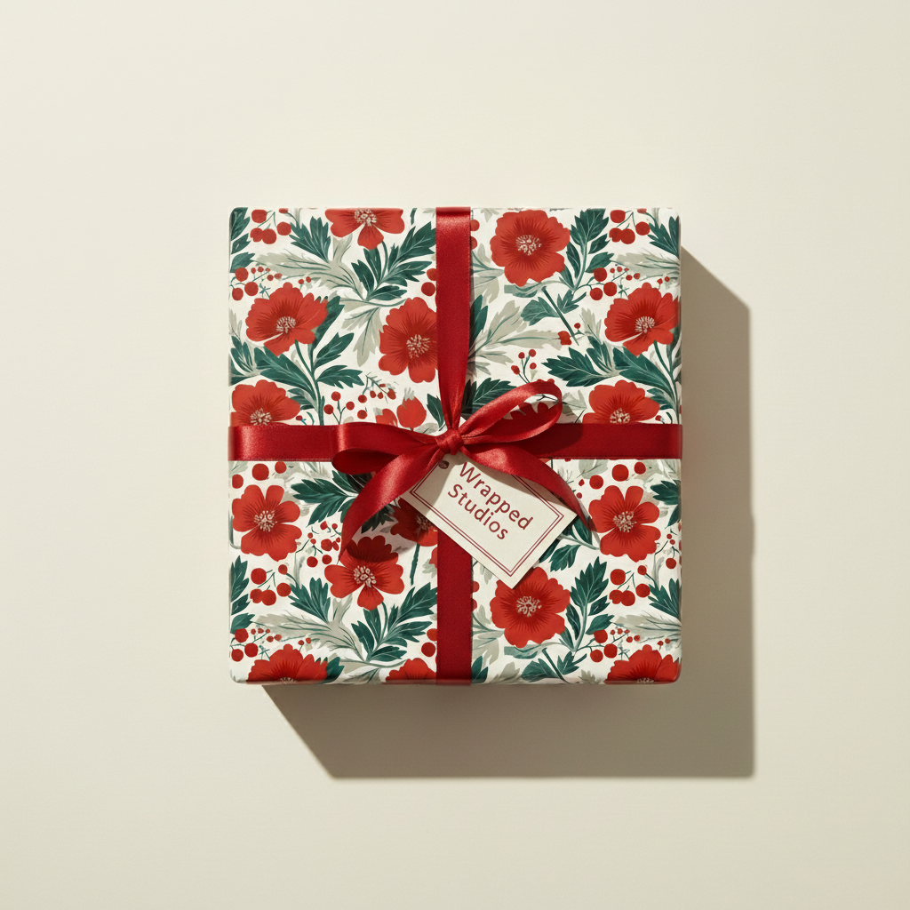 Square gift wrapped in elegant floral wrapping paper with red ribbon and a tag.