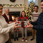 Christmas gift exchange featuring floral holiday wrapping paper with a plaid ribbon.