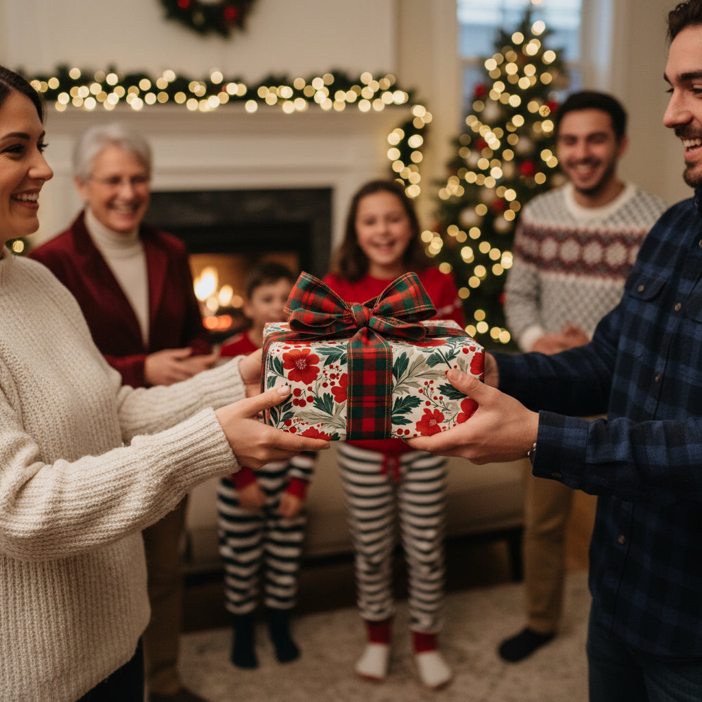Christmas gift exchange featuring floral holiday wrapping paper with a plaid ribbon.