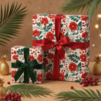 Elegant floral wrapping paper with red poppies, tied with red and green velvet ribbon; perfect for Christmas or birthday gifts.