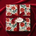 Gift wrapped in floral wrapping paper with a red velvet ribbon, perfect for Christmas.