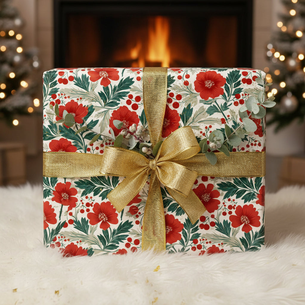 Elegant gift wrapped in floral Christmas wrapping paper with gold ribbon, near a fireplace.