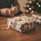 Christmas gift wrapped in vintage floral wrapping paper with lace ribbon and a warm, cozy background.