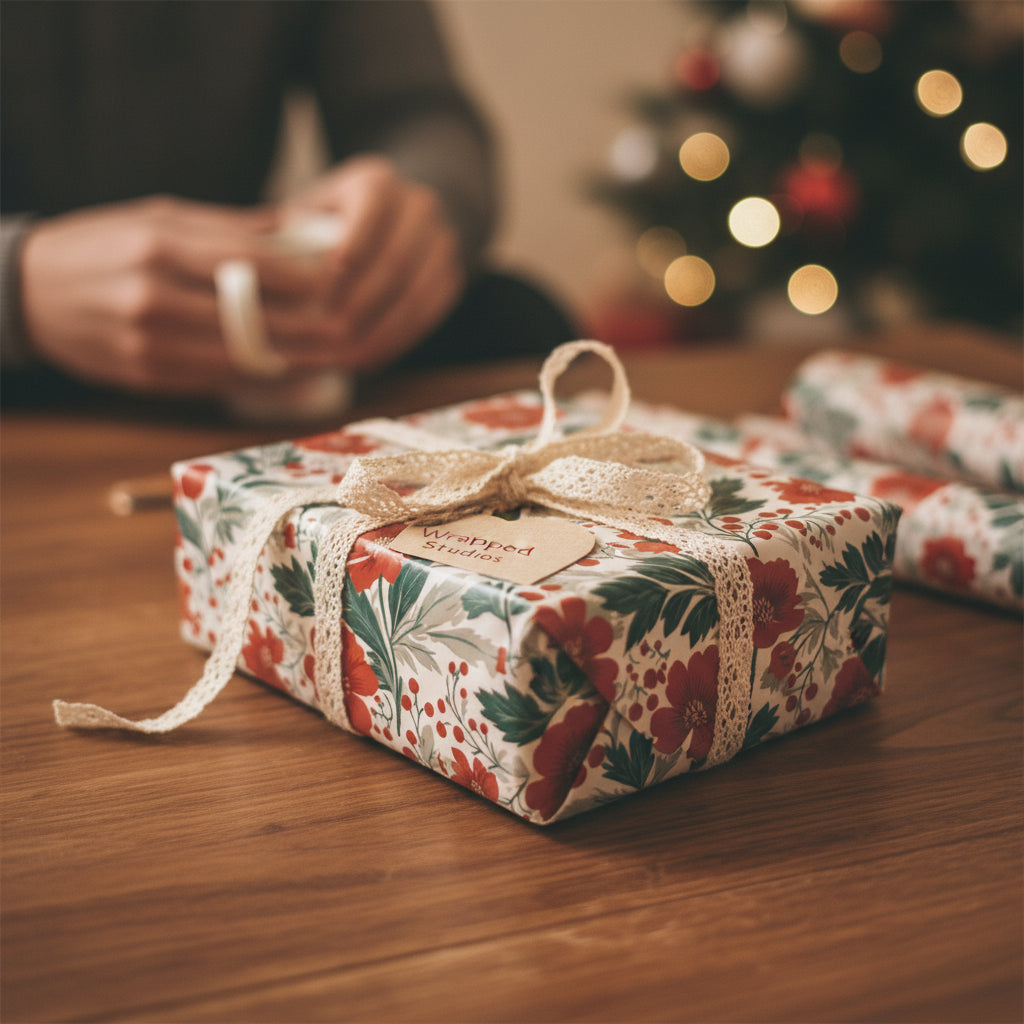Christmas gift wrapped in vintage floral wrapping paper with lace ribbon and a warm, cozy background.