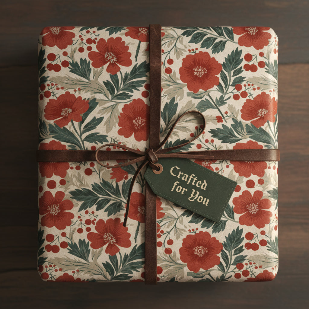 Square gift wrapped in red floral wrapping paper with leather ribbon and a "Crafted for You" tag.
