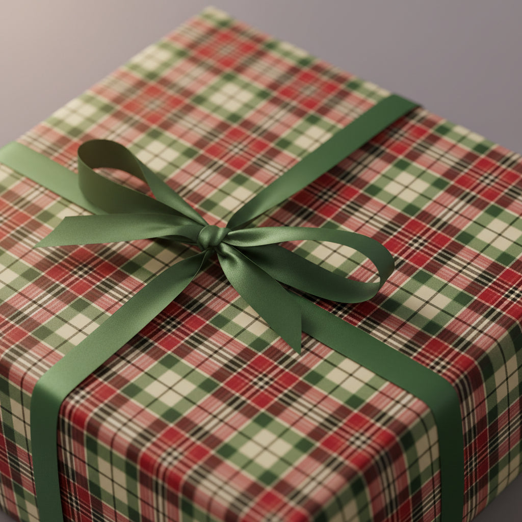 Festive Christmas gift wrap with a red and green plaid pattern, tied with a satin green ribbon.