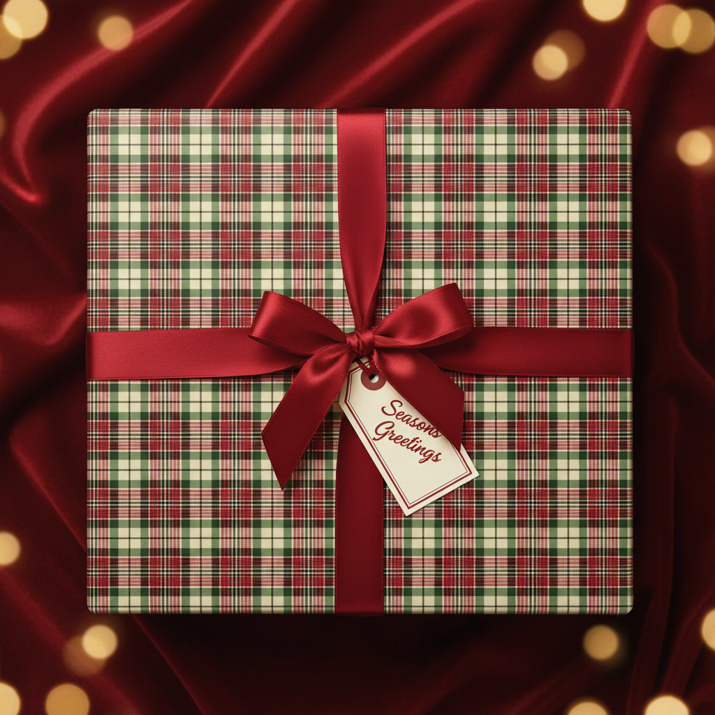 Wrapped present in plaid Christmas gift wrap with a red ribbon and "Seasons Greetings" tag.