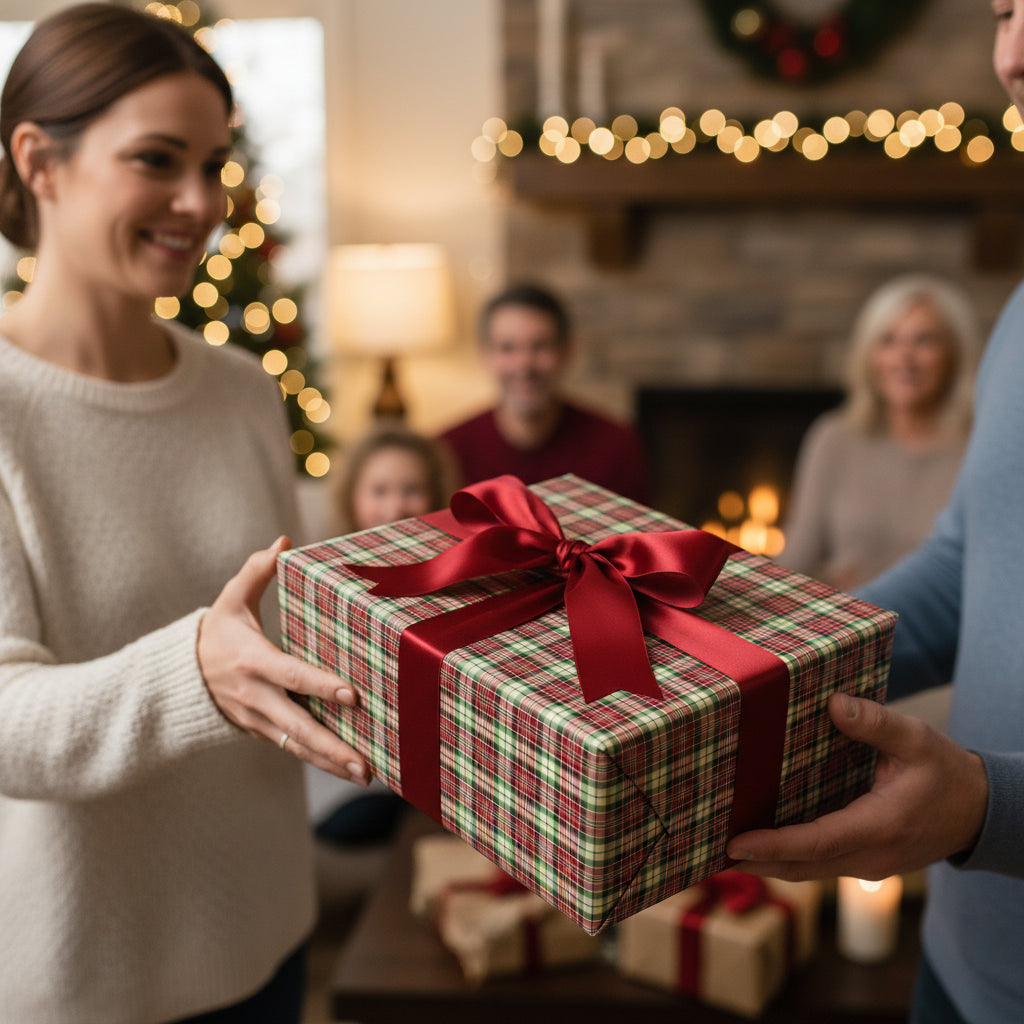 Woman exchanging a Christmas gift wrapped in plaid wrapping paper with a red ribbon.