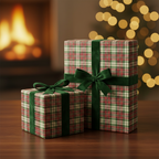 Christmas gift wrap mockup: Presents wrapped in red and green plaid paper with velvet ribbon, near a fireplace and Christmas tree.