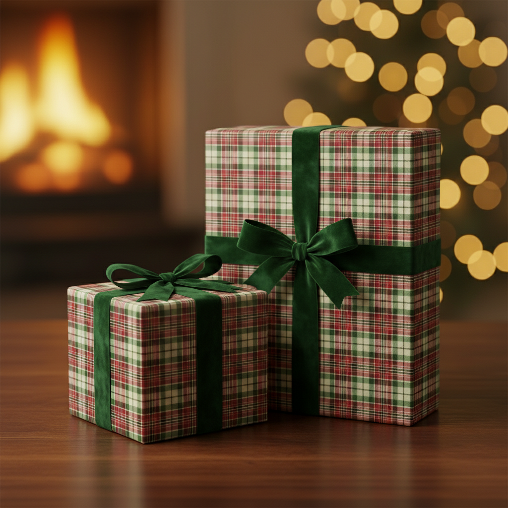 Christmas gift wrap mockup: Presents wrapped in red and green plaid paper with velvet ribbon, near a fireplace and Christmas tree.