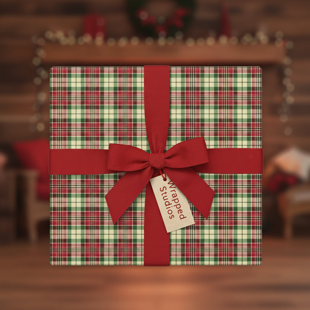 Square gift wrapped in red, green, and white plaid paper with a red ribbon, set in a cozy Christmas scene.