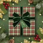 Festive Christmas gift wrapped in plaid paper with a velvet bow.