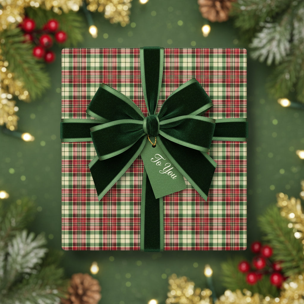 Festive Christmas gift wrapped in plaid paper with a velvet bow.
