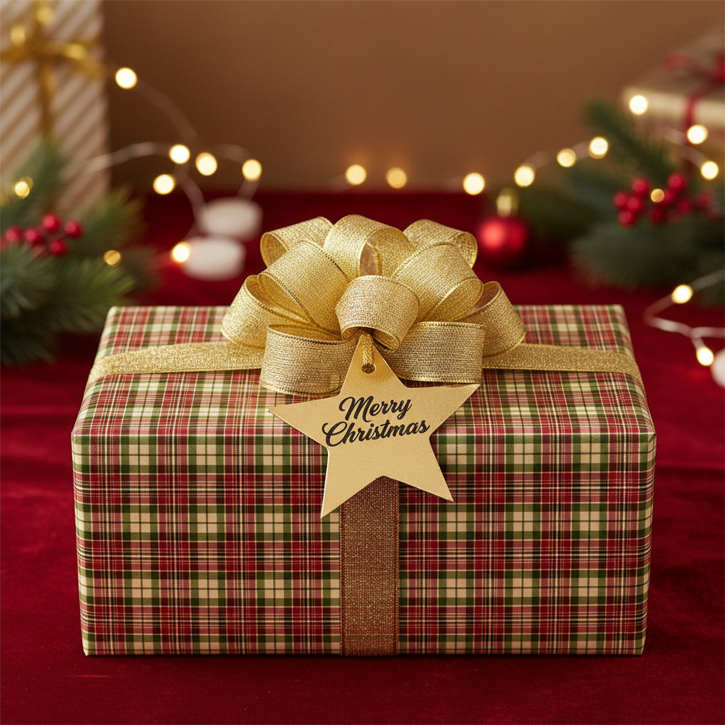 Christmas gift wrapped in plaid wrapping paper with a gold ribbon, bow, and star-shaped tag.