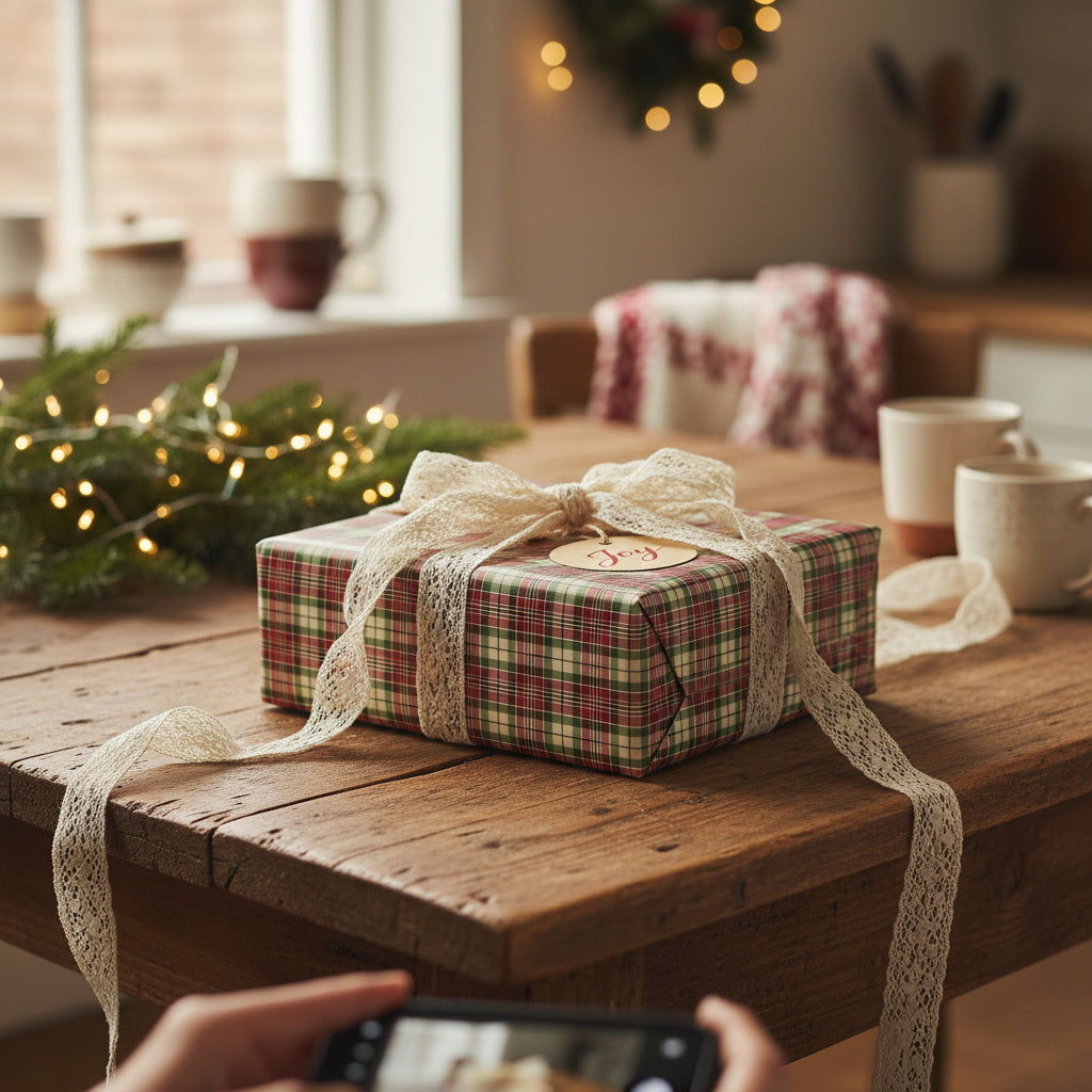 Christmas gift wrapped in plaid paper with lace ribbon and "Joy" tag on a rustic wooden table.