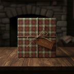 Wrapped Christmas gift with red and green plaid wrapping paper, twine bow, and "For Him" tag.