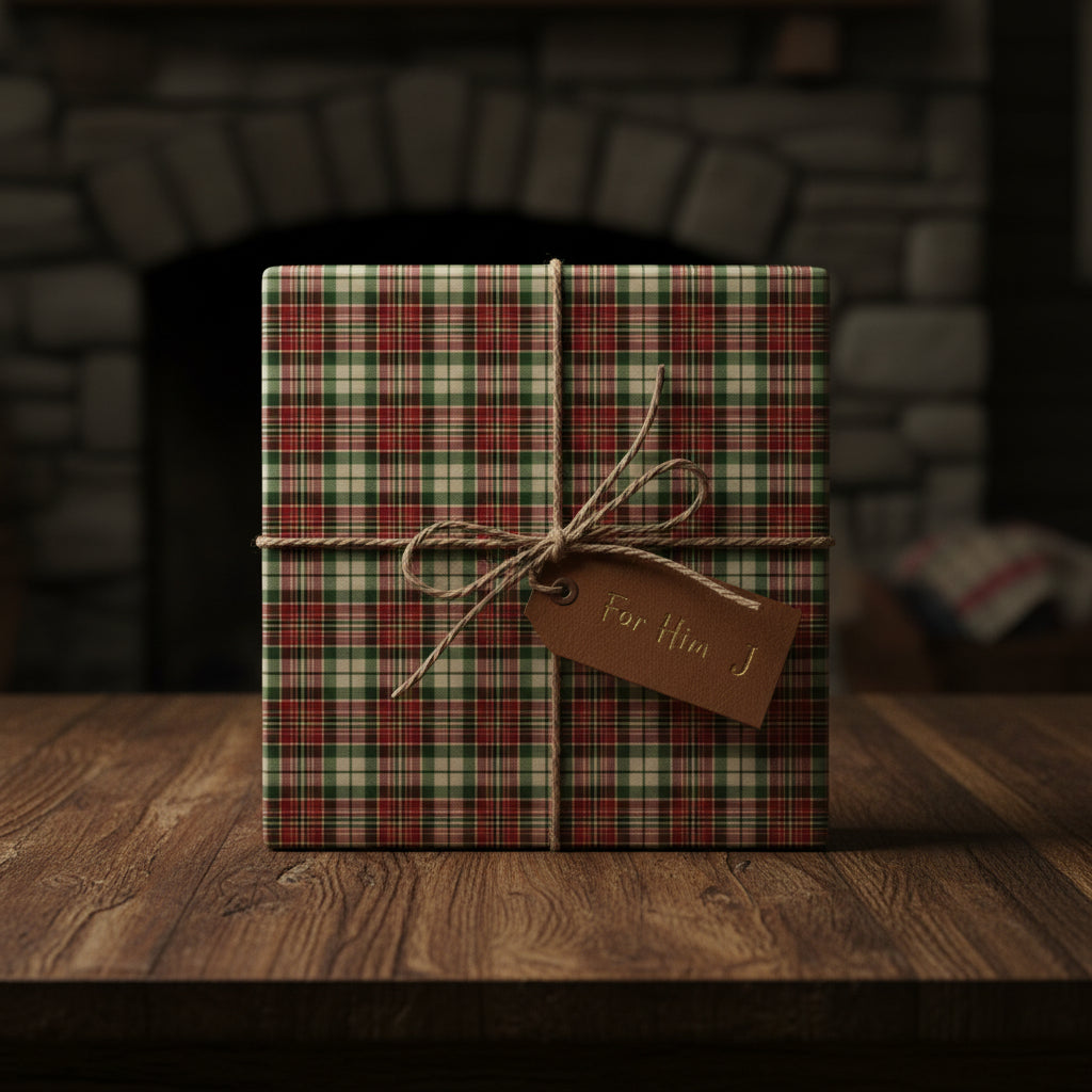 Wrapped Christmas gift with red and green plaid wrapping paper, twine bow, and "For Him" tag.