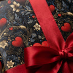 Luxury Valentine's wrapping paper with red hearts and gold floral pattern by Wrapped Studios.