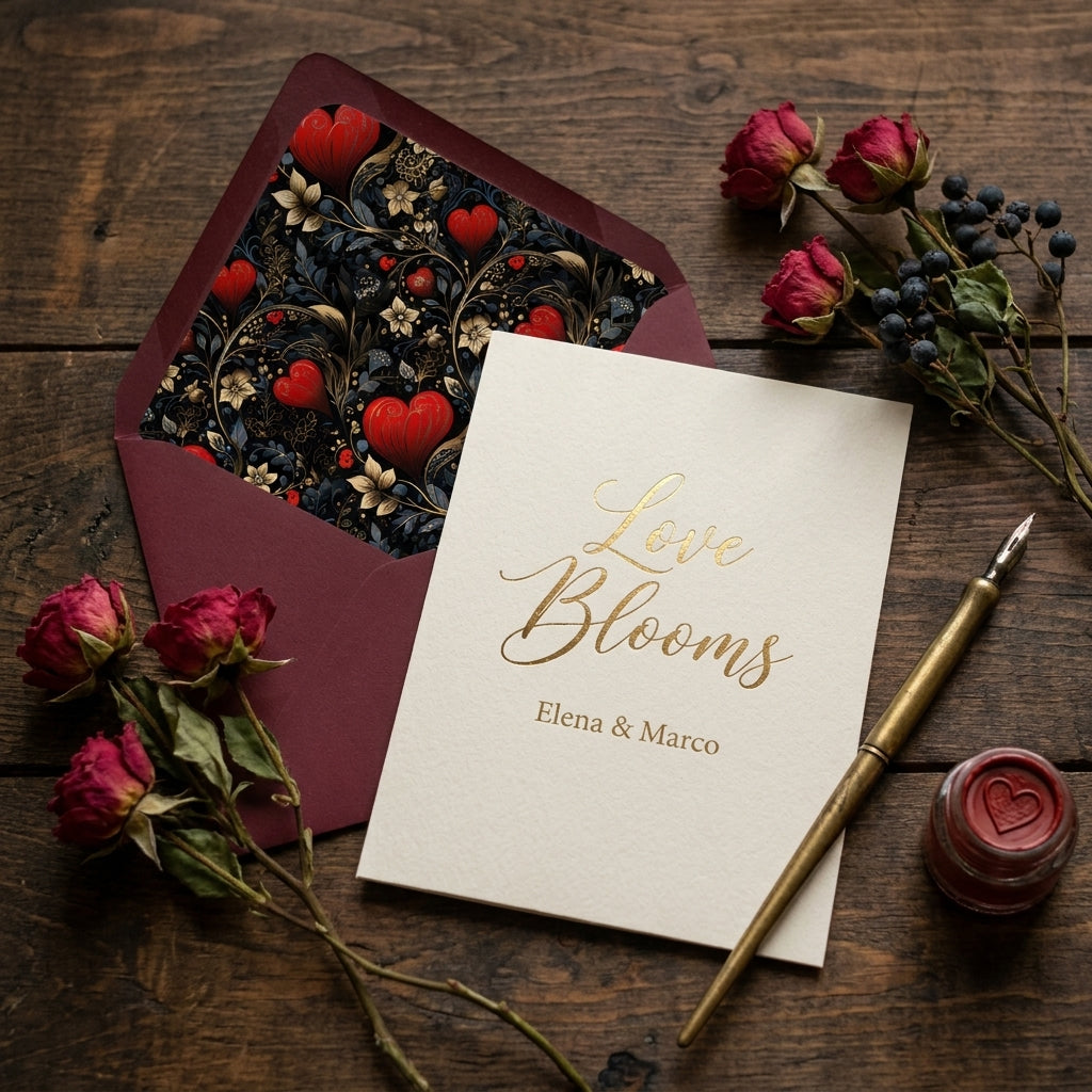 Romantic gold foil wedding invitation with floral heart envelope liner and roses by Wrapped Studios.