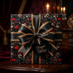 Luxury dark romantic wrapping paper with red hearts and a black satin bow by Wrapped Studios.