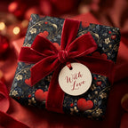 Romantic Valentine's Day wrapping paper with a red velvet bow and 'With Love' tag by Wrapped Studios.