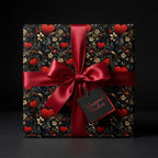 Romantic heart wrapping paper with a red satin bow on a luxury gift box by Wrapped Studios.
