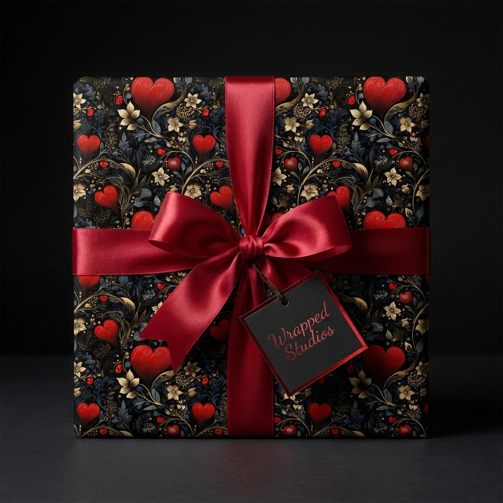 Romantic heart wrapping paper with a red satin bow on a luxury gift box by Wrapped Studios.