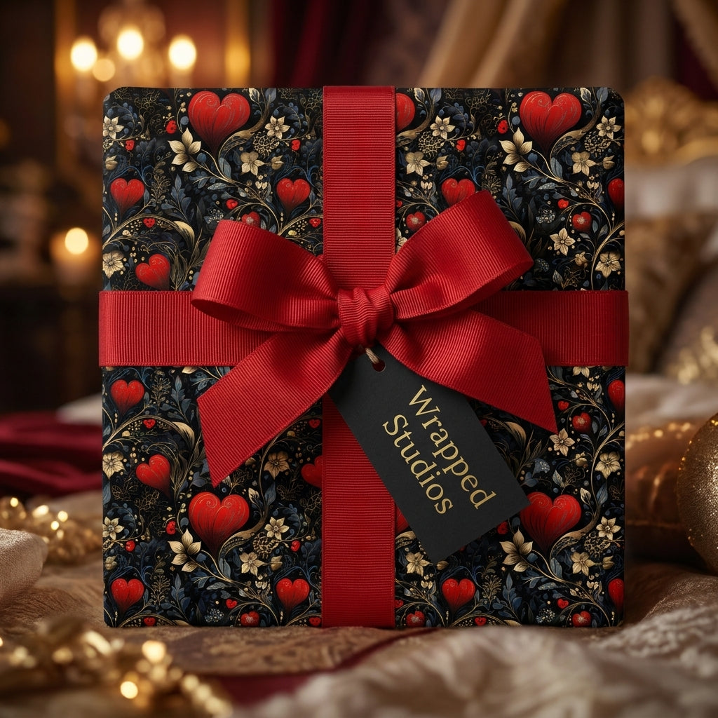 Luxury Valentine's wrapping paper with red hearts and a red ribbon bow by Wrapped Studios.
