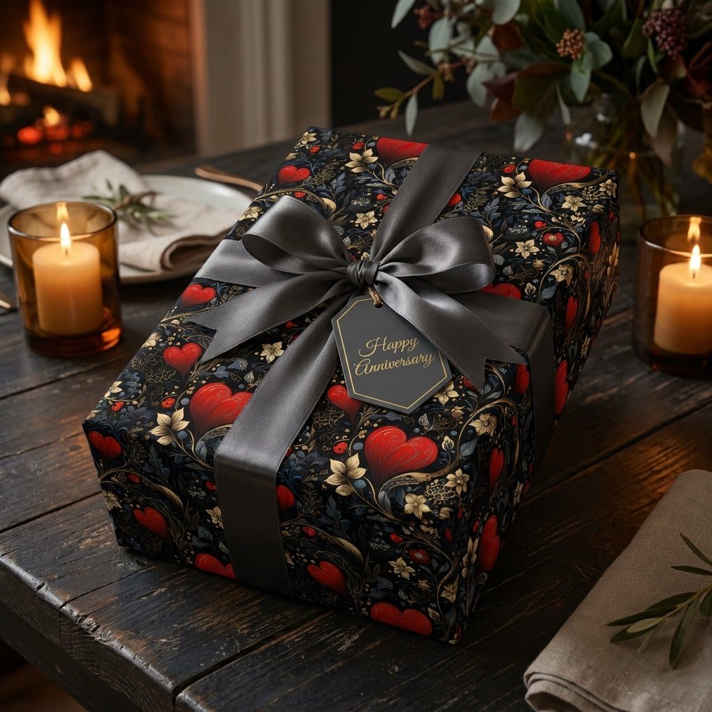 Romantic heart and floral anniversary wrapping paper with grey satin bow by Wrapped Studios.