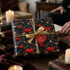 Luxury Valentine’s Day wrapping paper with romantic red hearts and gold bow by Wrapped Studios.