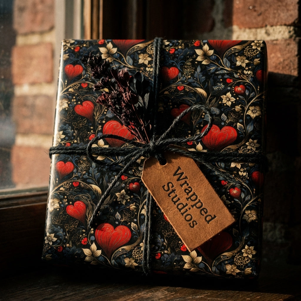 Vintage dark floral and red heart wrapping paper by Wrapped Studios on a gift box tied with twine.