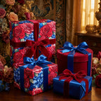 Luxury gift wrap with floral rose pattern and velvet ribbons.