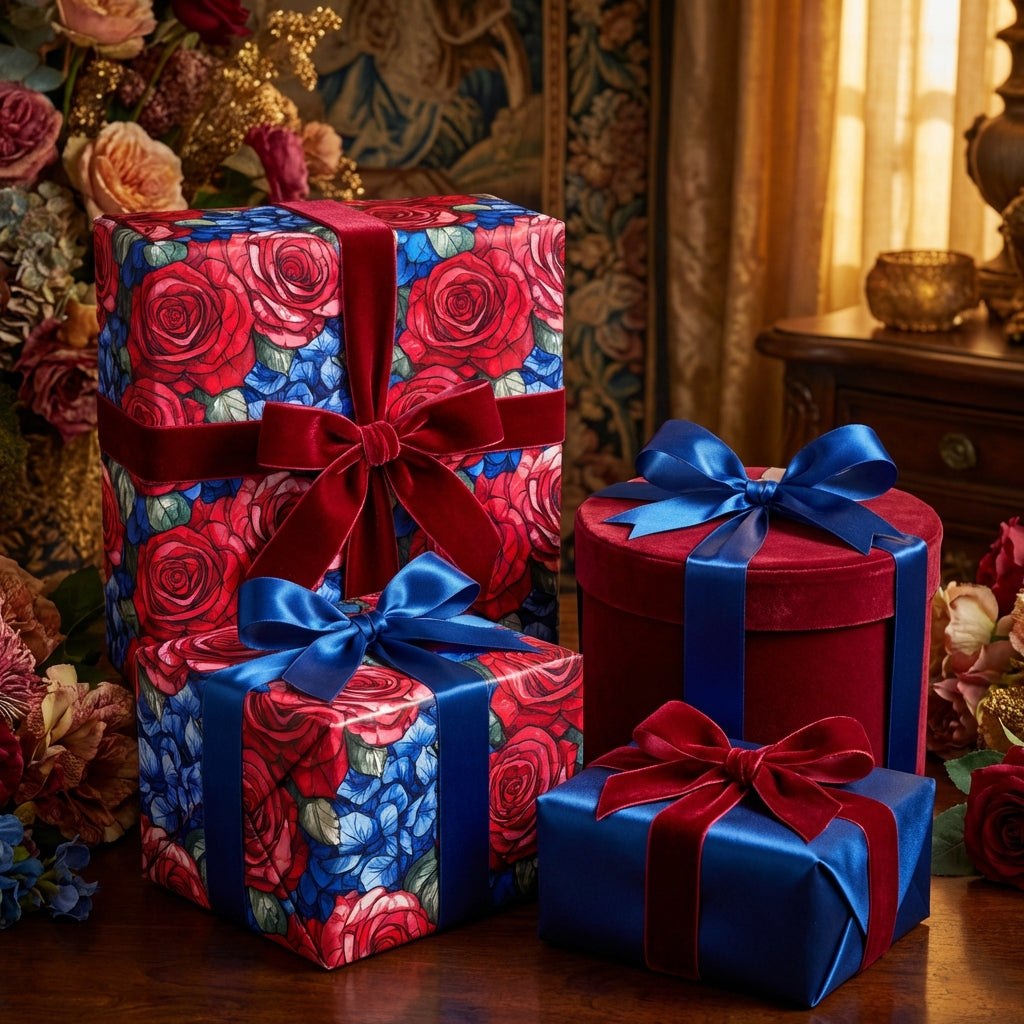 Luxury gift wrap with floral rose pattern and velvet ribbons.
