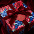Floral birthday wrapping paper featuring red roses and blue hydrangeas with a velvet ribbon and "With Love" tag.