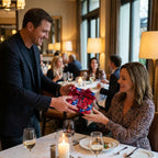 Man gives a present wrapped in floral wrapping paper with a burgundy bow to a woman at a restaurant.