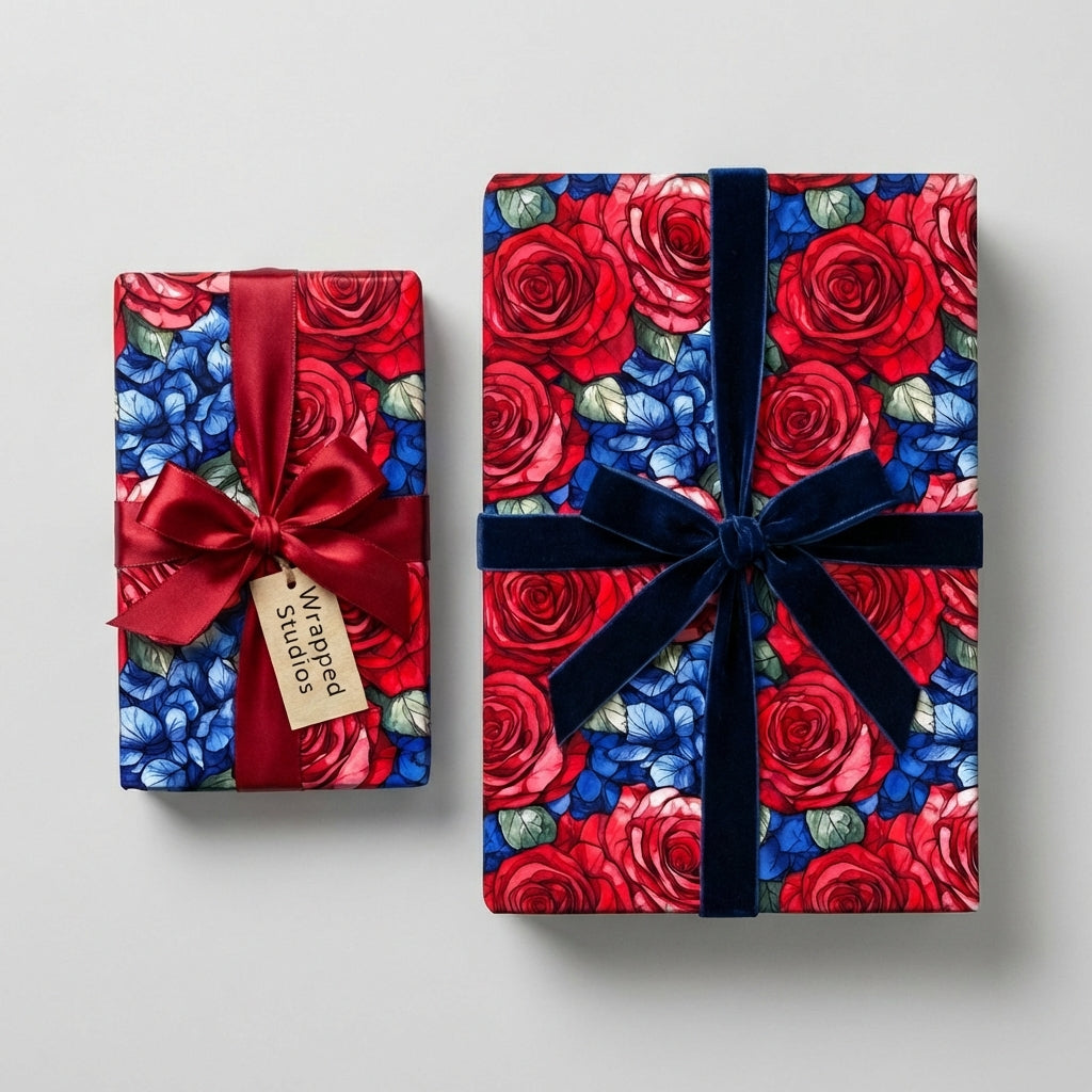 Two gifts wrapped in Wrapped Studios floral wrapping paper with velvet ribbons.