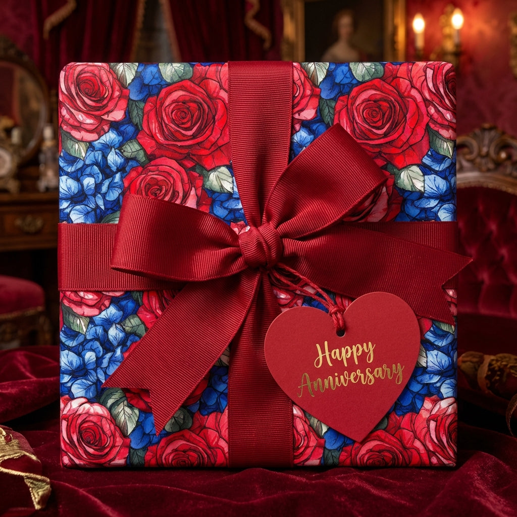 Elegant floral wrapping paper with red roses, blue hydrangeas, and a "Happy Anniversary" heart tag.