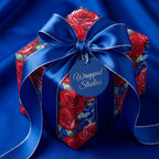 Wrapped Studios luxury gift wrap: Floral wrapping paper with roses and a bright blue bow.