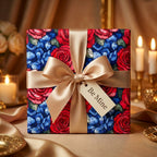 Elegant floral wrapping paper with red roses and blue hydrangeas tied with a gold ribbon.
