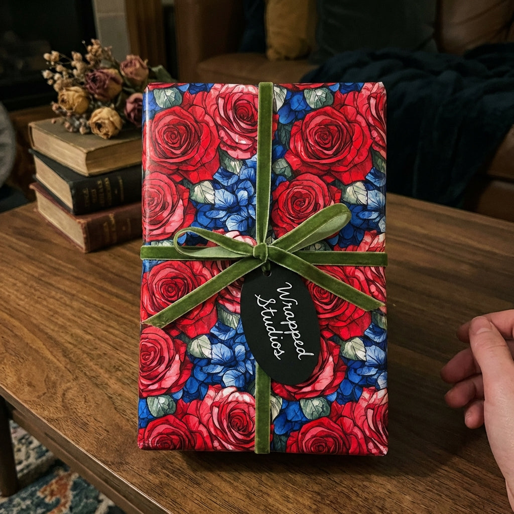 Elegant gift wrapped in Wrapped Studios floral wrapping paper with a green velvet ribbon.