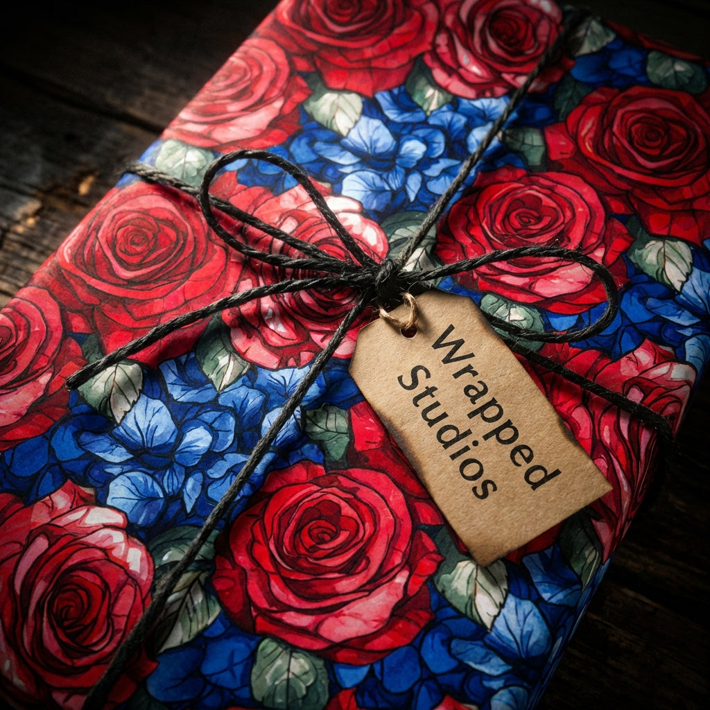 Wrapped Studios floral wrapping paper featuring watercolor roses and blue hydrangeas tied with black twine.