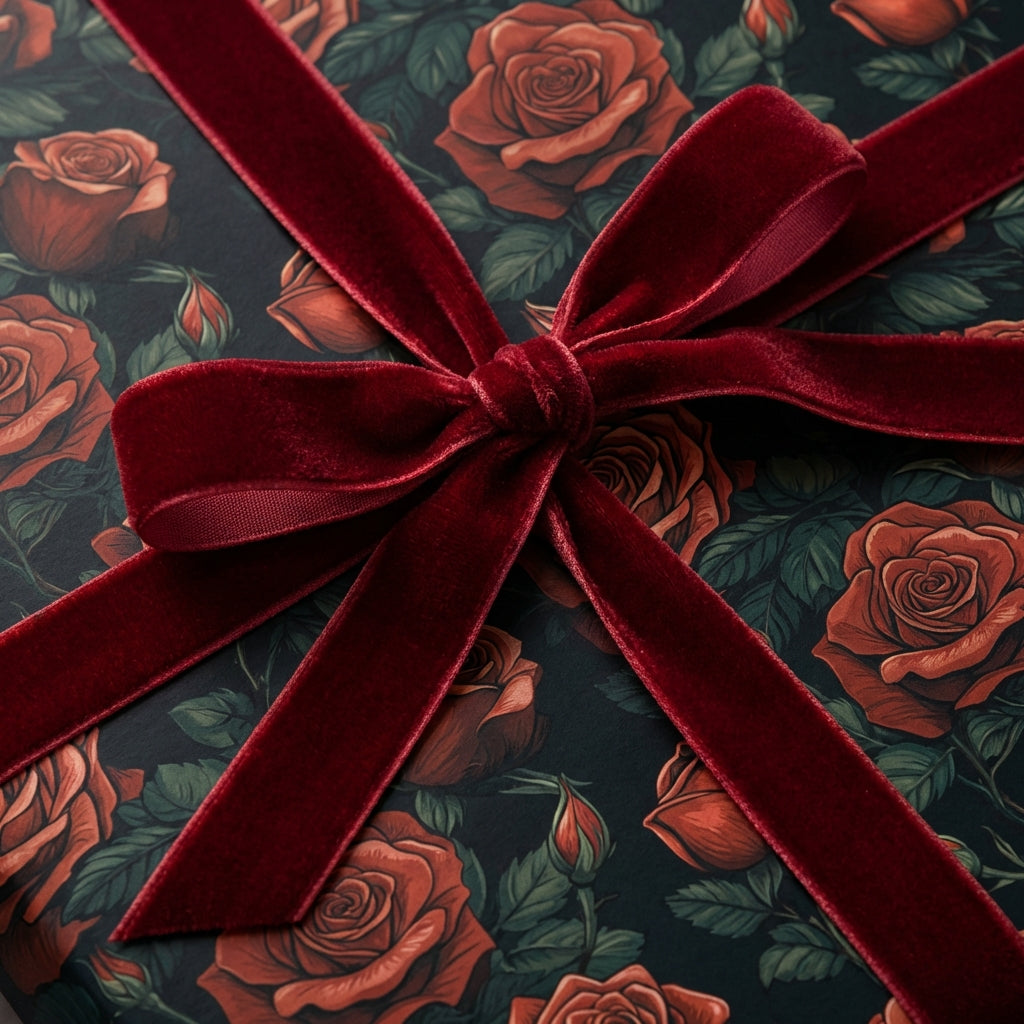 Floral wrapping paper featuring red roses and a velvet bow. Wrapped Studios luxury gift wrap.