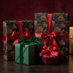 Elegant gifts wrapped in floral rose wrapping paper and velvet ribbon, suitable for Christmas or birthdays.