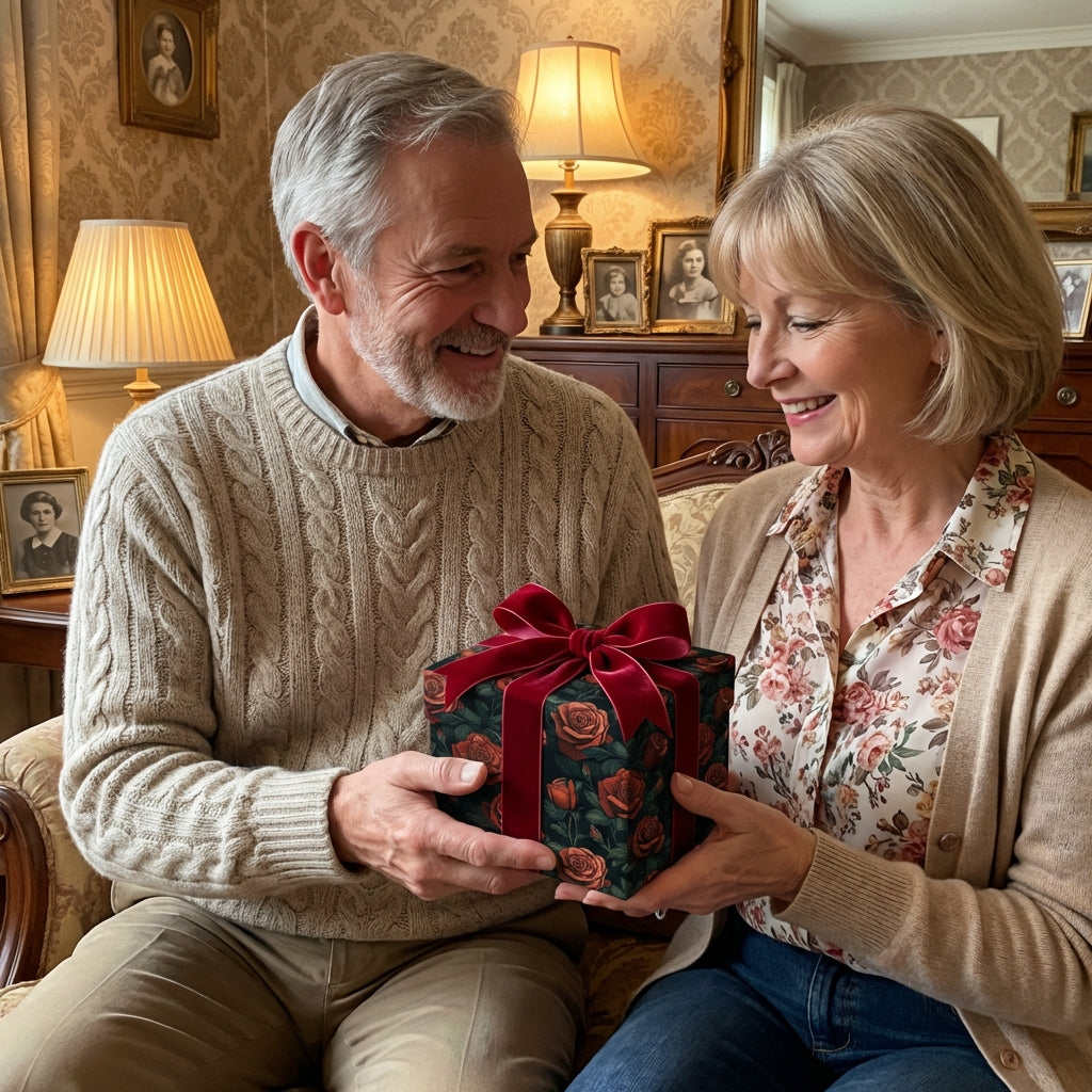 Couple exchanging a gift wrapped in floral rose luxury gift wrap with a velvet ribbon.